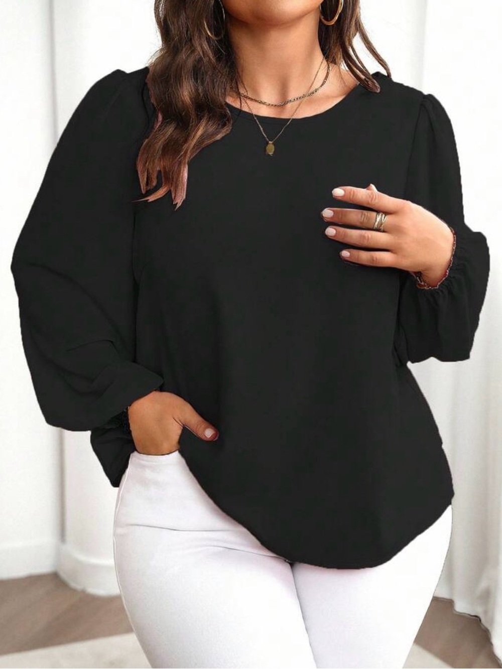 Black Long Sleeve Puff Shoulder Blouse
